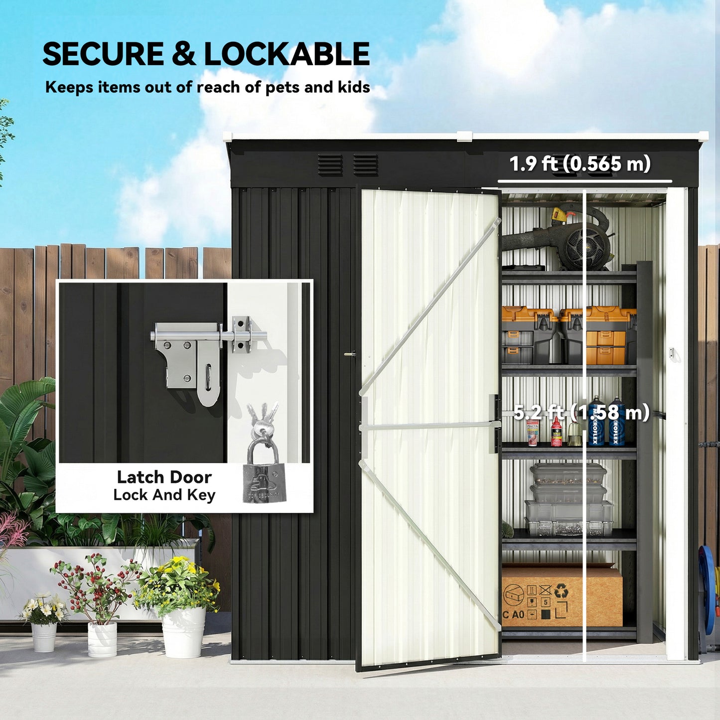 Outsunny 5 x 3 ft Lean-to Garden Shed, Outdoor Storage Shed with Lockable Door and Vents, Dark Grey