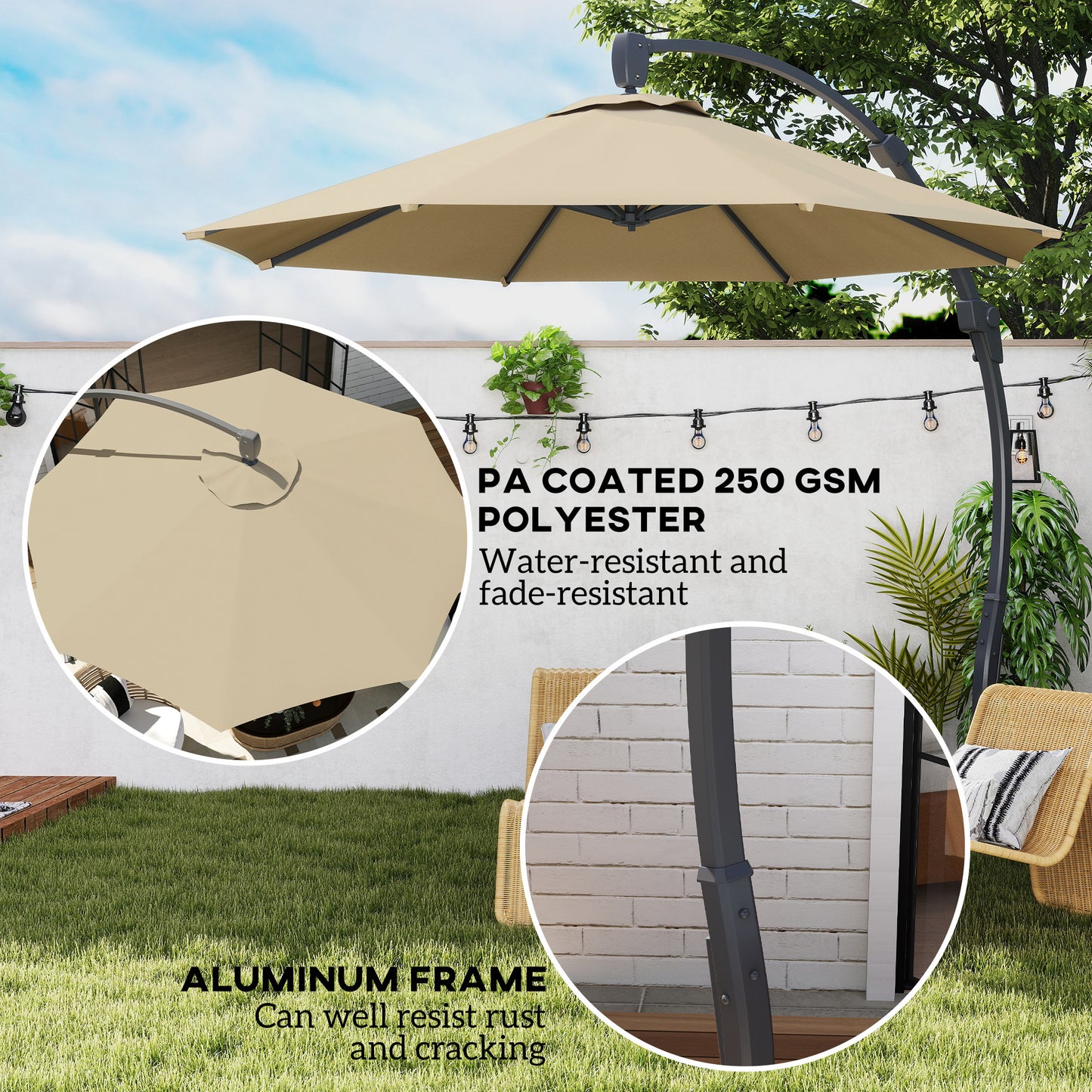 Outsunny Garden Cantilever Parasol, Round Umbrella, Crank Handle, Cross Base, 360° Rotation, Aluminium Frame, Banana Patio Sun Shade, Khaki