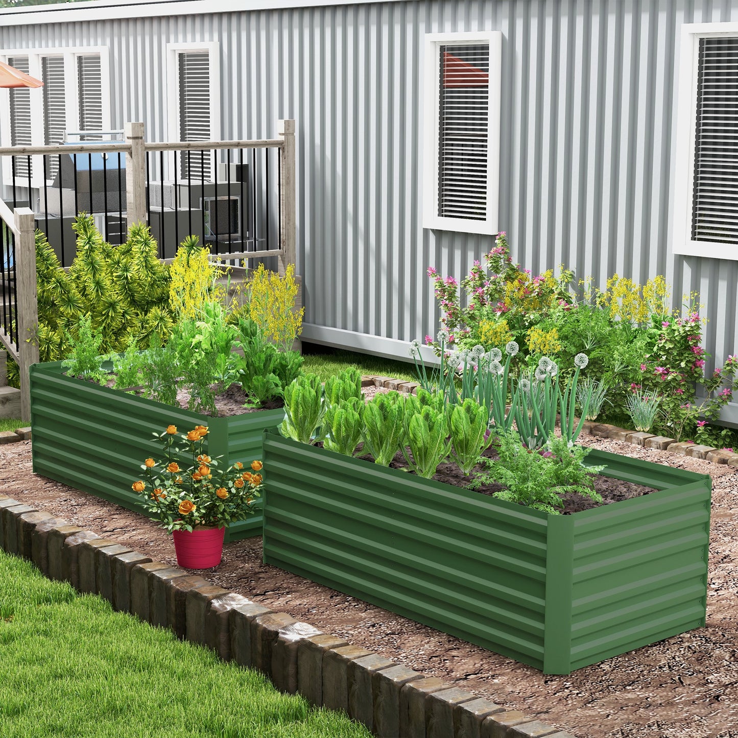 Outsunny Set of 2 Raised Beds, Galvanised Steel Planters for Vegetables, Plants, Flowers & Herbs, 180 x 90 x 59 cm, Green