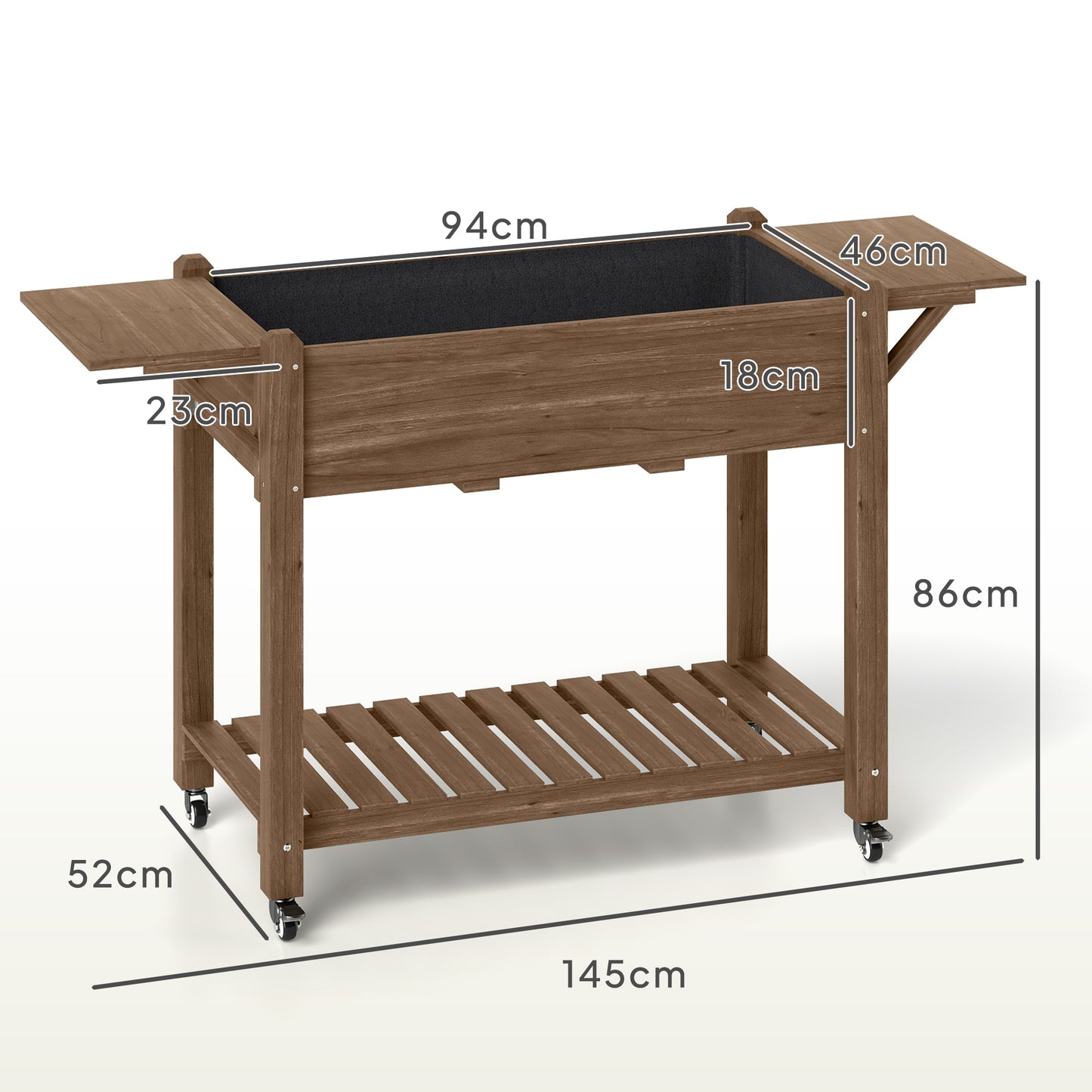 Outsunny Raised Garden Bed, Wooden Planter Box with Wheels, Side Tables & Bottom Shelf, Carbonised