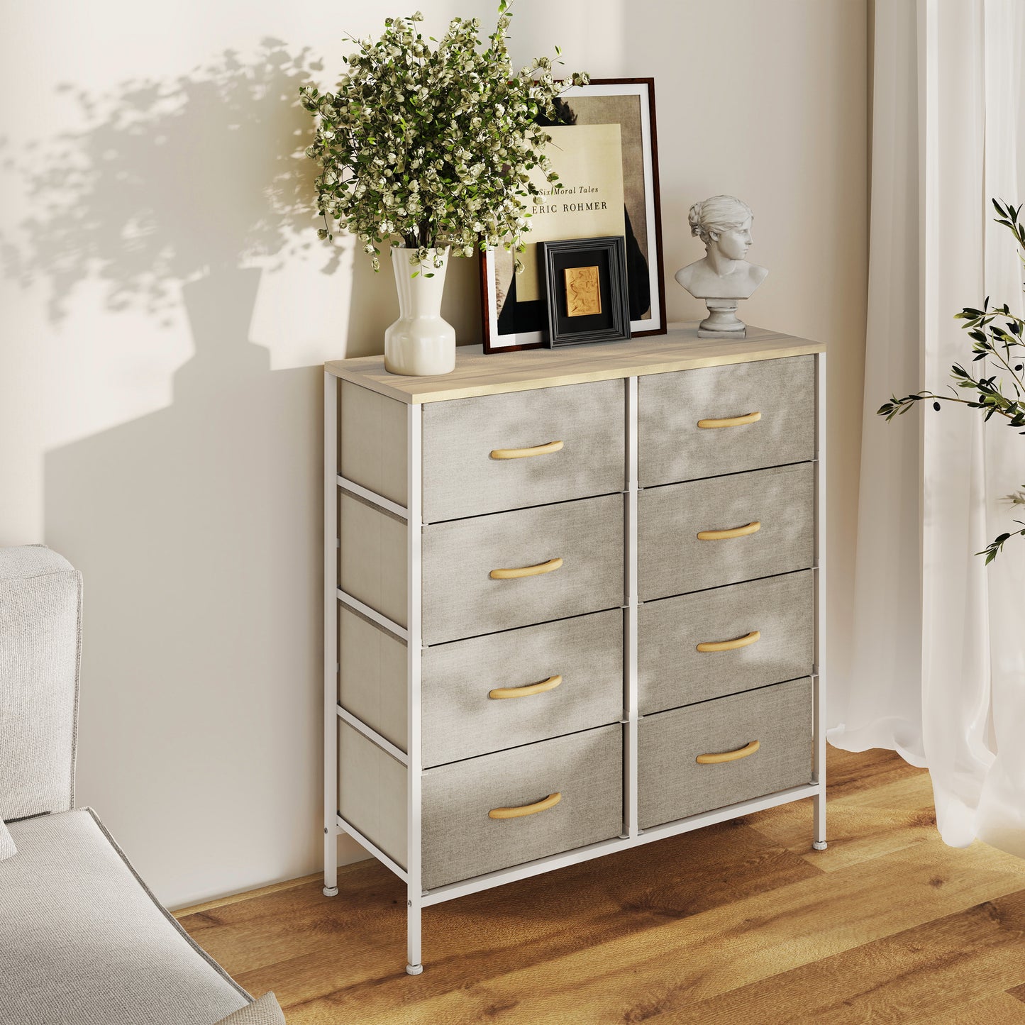 HOMCOM Industrial Chest of Drawers, 8 Fabric Drawers, Steel Frame, Wooden Top, for Nursery, Living Room, Hallway, Maple Wood-effect