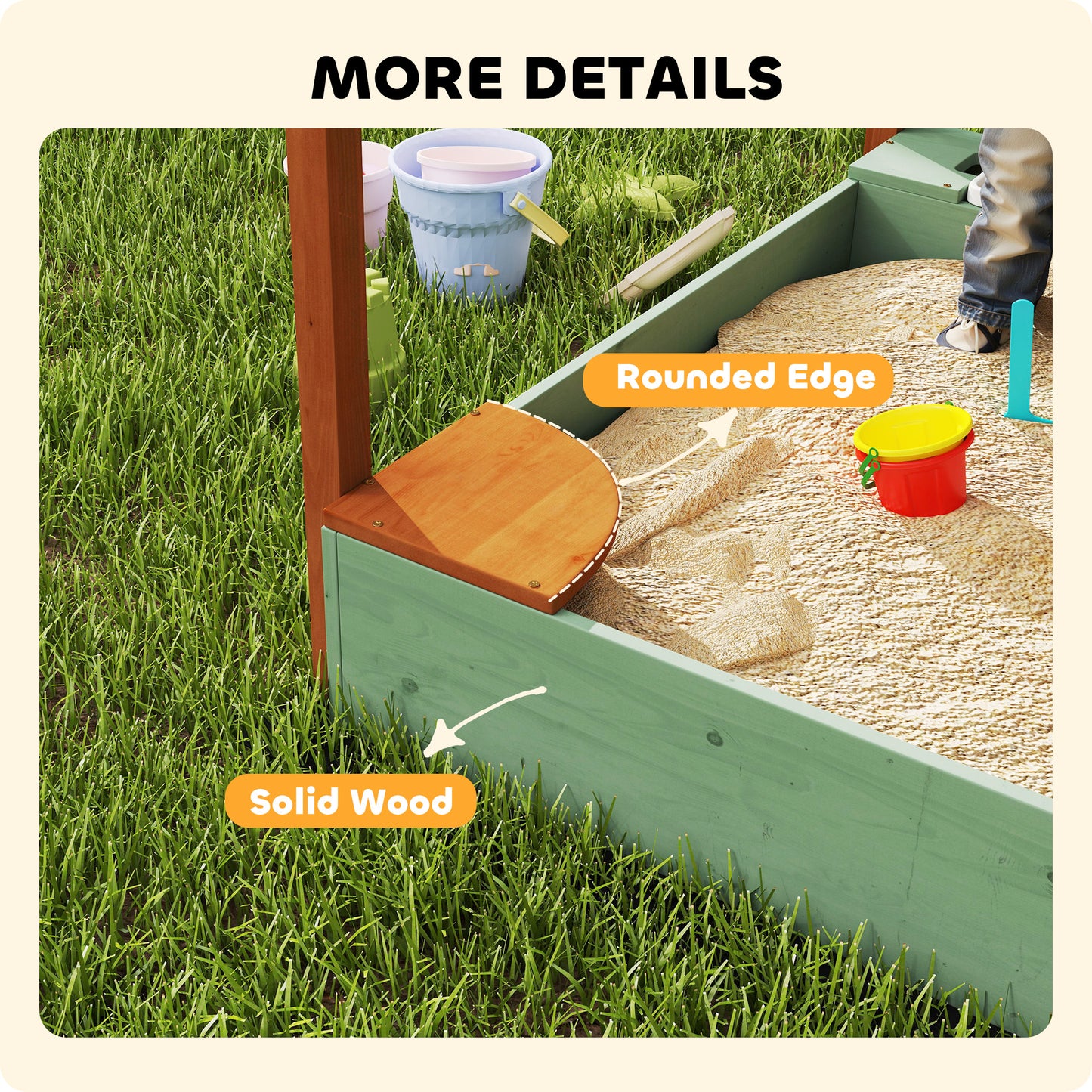 AIYAPLAY Wood Sandpit with Canopy, Storage Bins, Funnel, Liner, Chutes, Bucket with Tap, 116 x 112.5 x 128 cm, Green