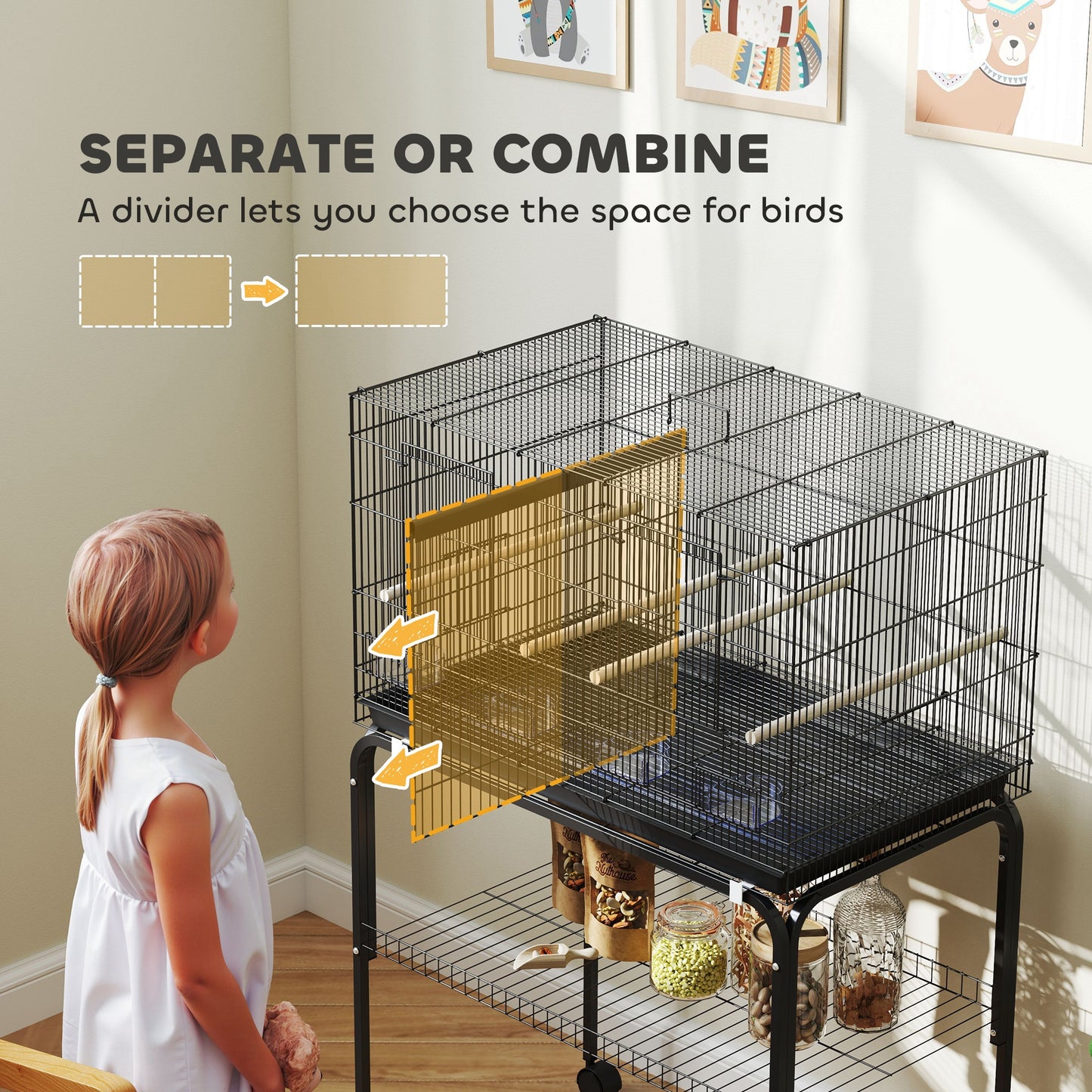 PawHut Bird Cage with Divider, 4 Wooden Perches, Slide Out Tray, 4 Feeders, for Budgie, Lovebird, Canary, 76 x 46 x 116cm Black