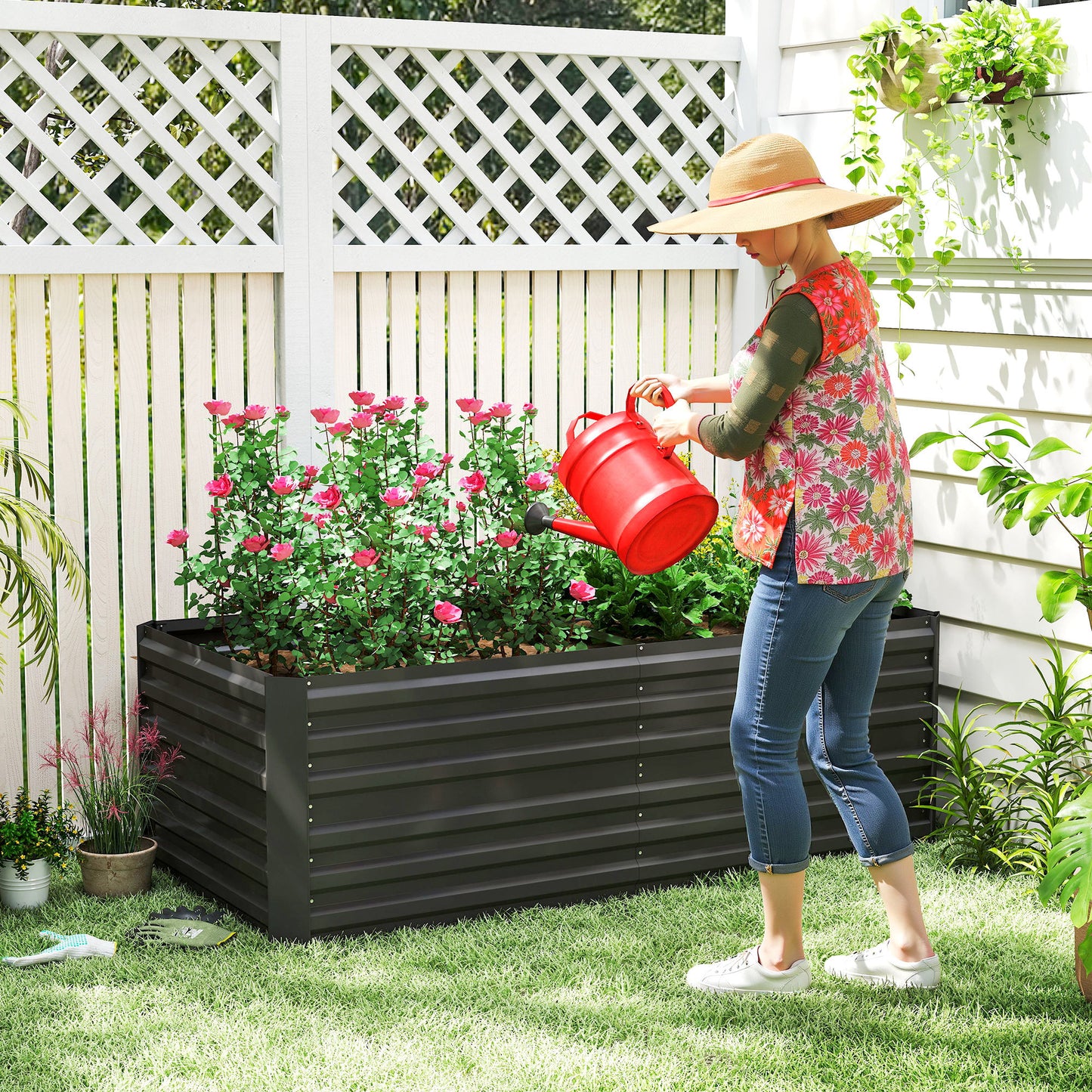 Outsunny Raised Beds for Garden, Galvanised Steel Outdoor Planters with Multi-reinforced Rods, 180 x 90 x 59 cm, Black