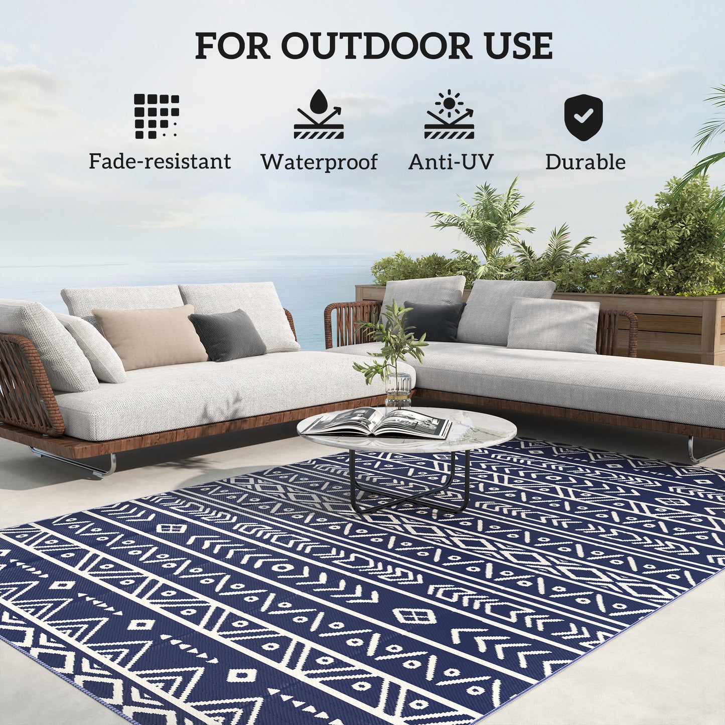 Outsunny Reversible Outdoor RV Rug, 1.8 x 2.7m Waterproof Patio Mat, Geometric Design for Garden, Beach, Camping, Blue/White