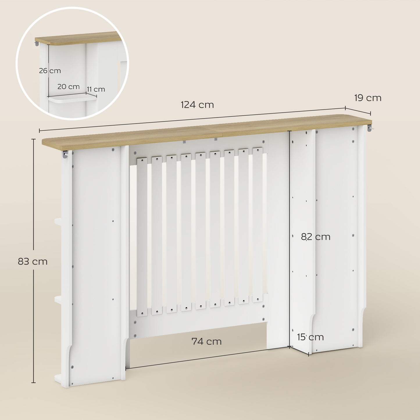 HOMCOM Radiator Cover with Open Storage Shelves, Vertical Slatted Cabinet Shelf for Living Room, Hallway, Medium, White (H: 83/W: 124/D: 19 cm)