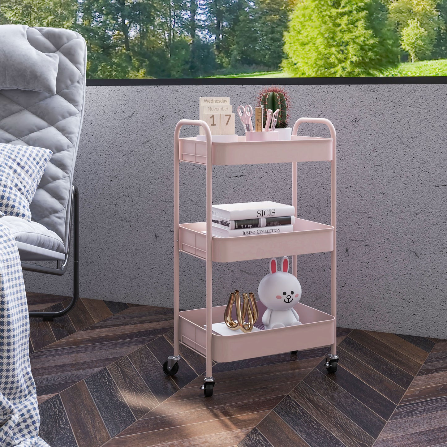 HOMCOM 3-tier Storage Trolley on Wheels, Metal Storage Cart, Rolling Ultility Cart with 3 Mesh Baskets for Living Room, Kitchen, Pink