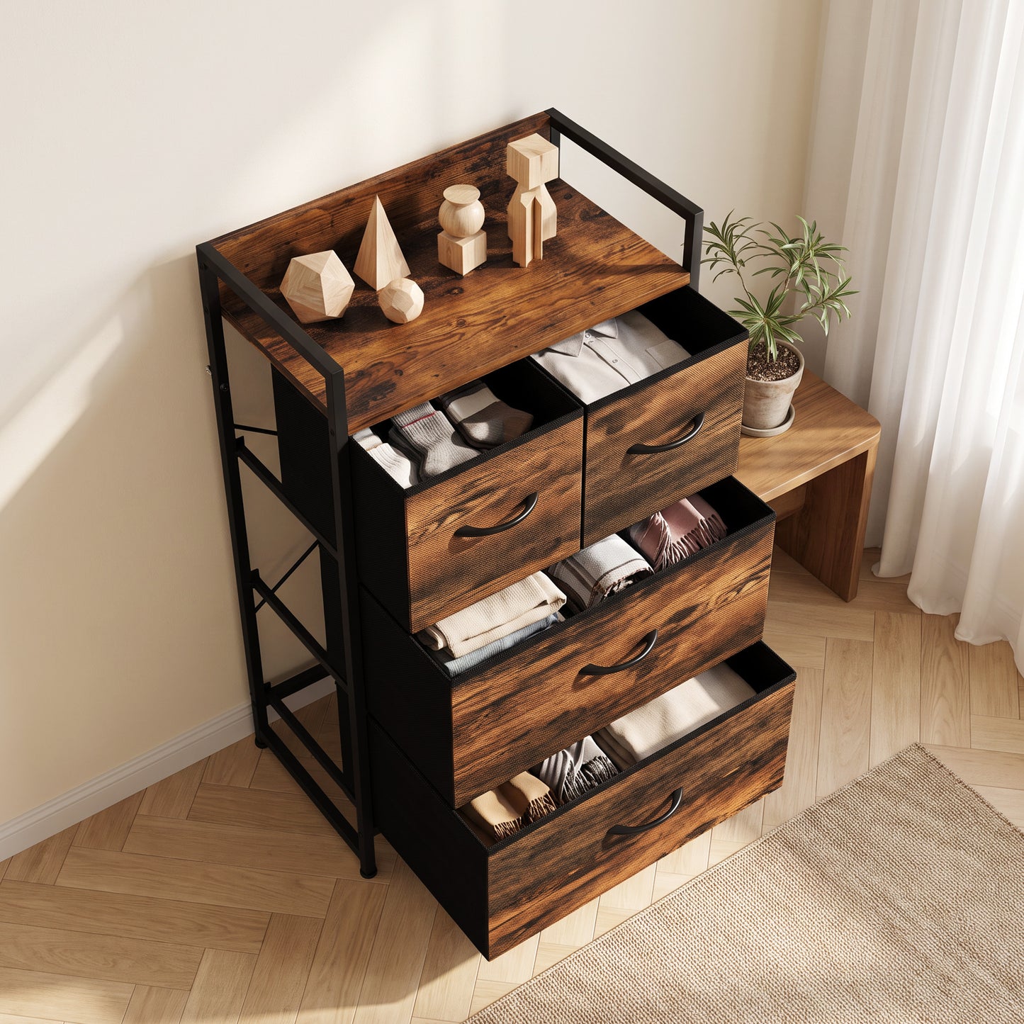 HOMCOM Rustic Chest of Four Fabric Drawers - Rustic Brown