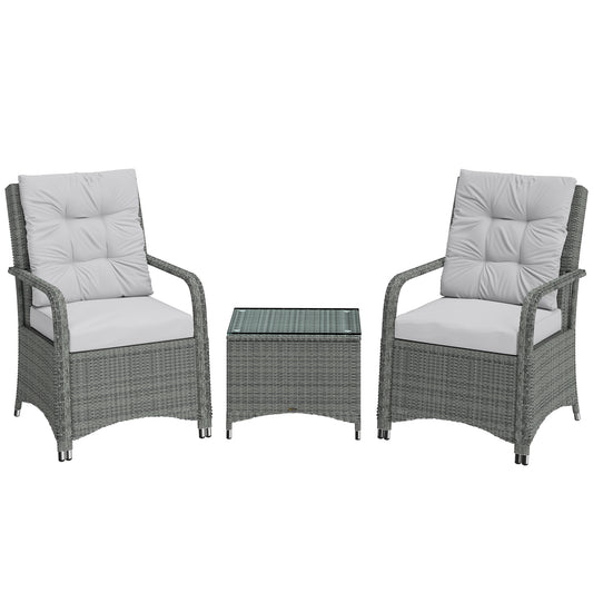 Outsunny 3 Pieces Rattan Bistro Set, Wicker Garden Furniture Set with Metal Frame, Cover, Glass Top Coffee Table, Light Grey