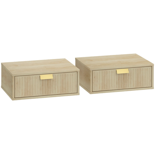 HOMCOM Modern Floating Nightstands Set of 2, Wall Mounted Bedside Tables with Wave Drawer Oak