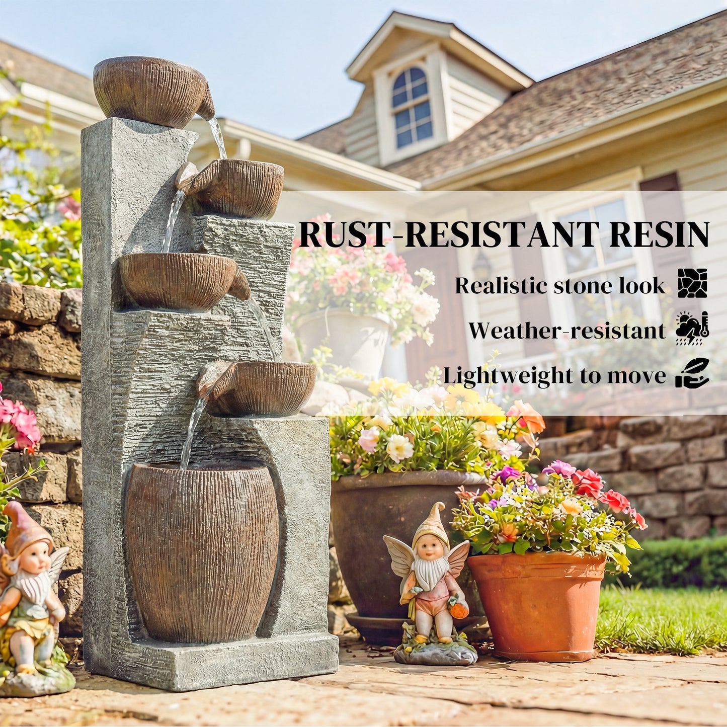 Outsunny Outdoor Fountain with 5-Tier, Garden Fountain with LED Lights, Adjustable Flow, Grey and Rustic Brown