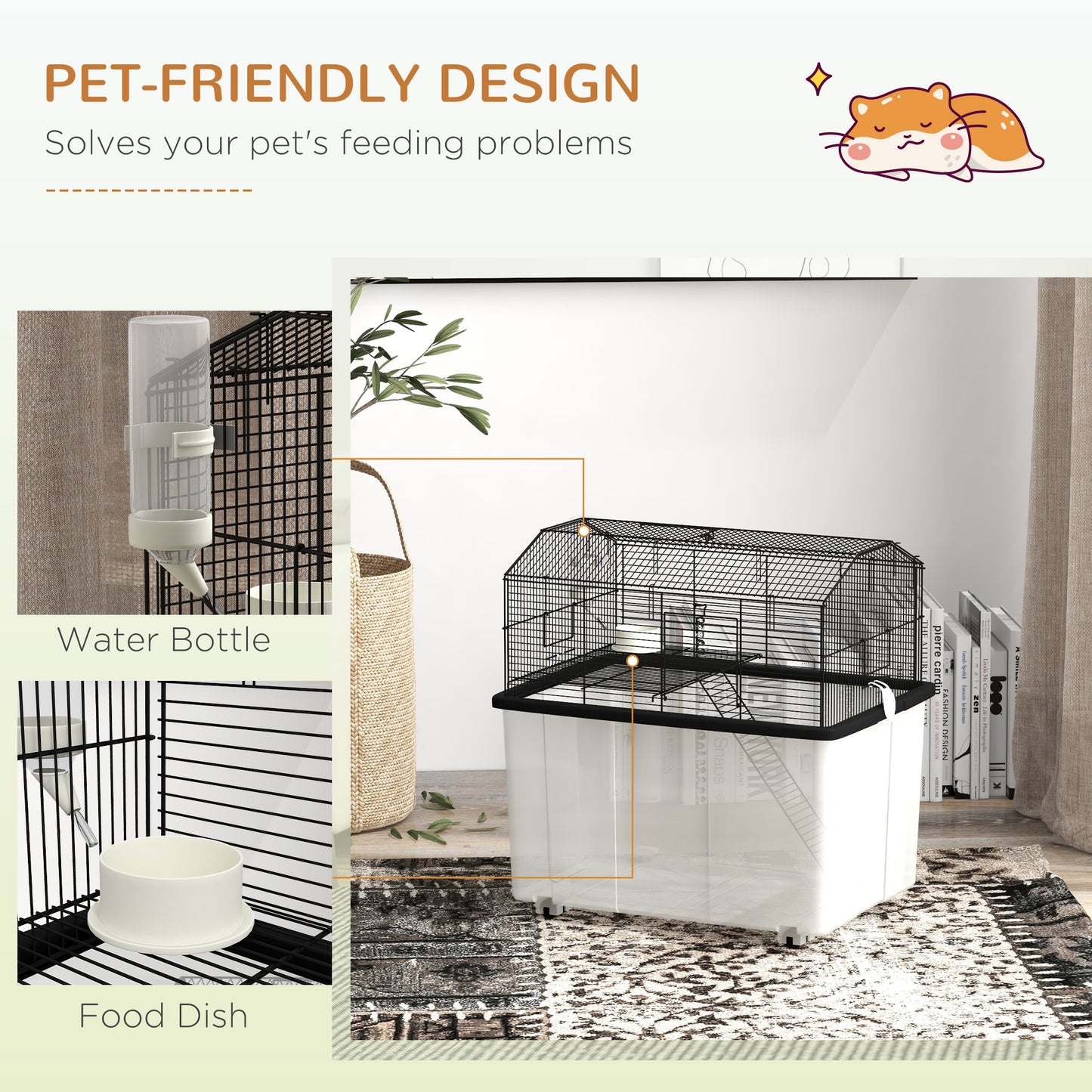 PawHut Two-Tier Gerbil Cage Hamster Cage for Dwarf Hamster Syrian Hamster w/ Wheels Deep Bottom Food Dish Water Bottle