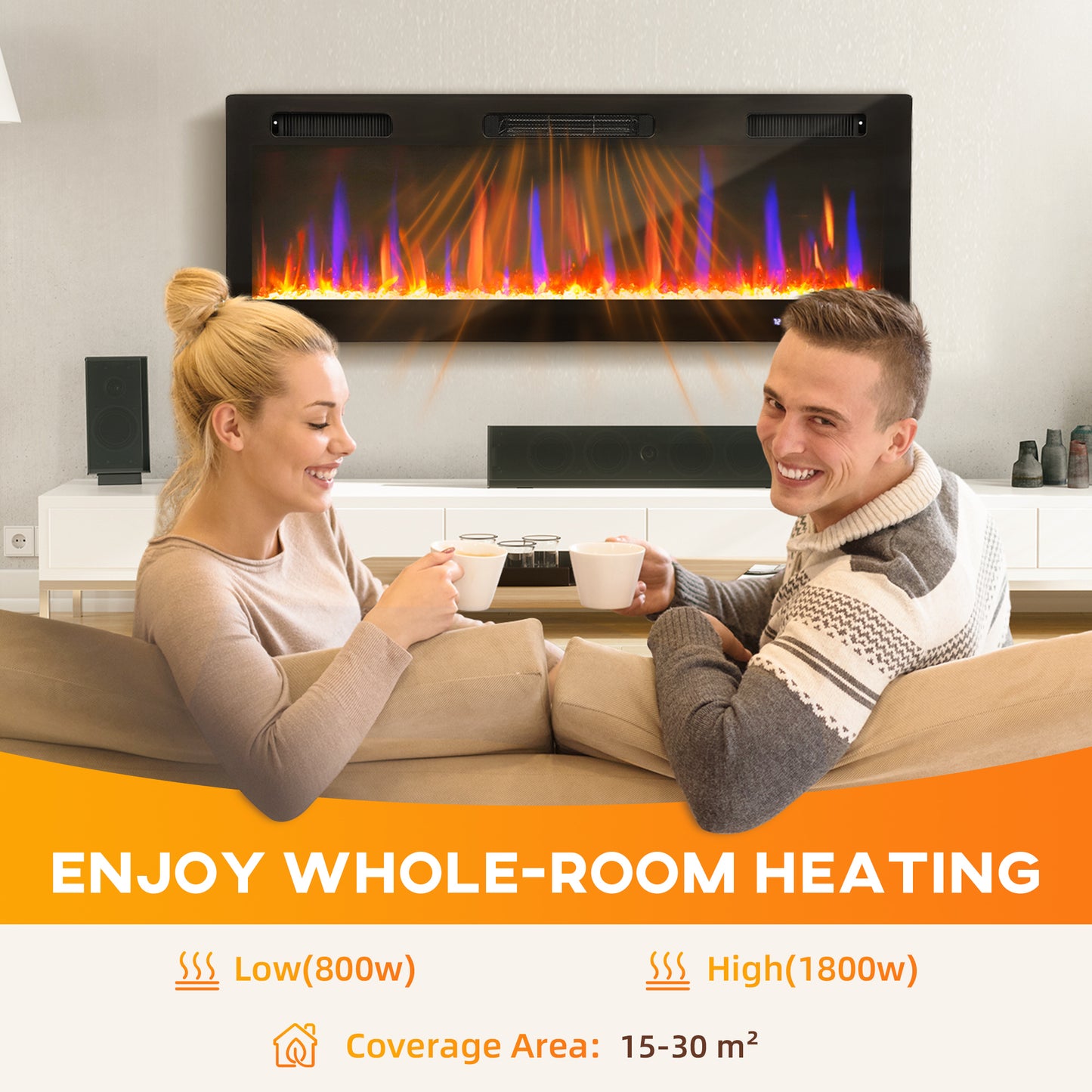 HOMCOM 50" Ultra-Slim Electric Fireplace, Wall Mounted and Recessed, 900W/1800W