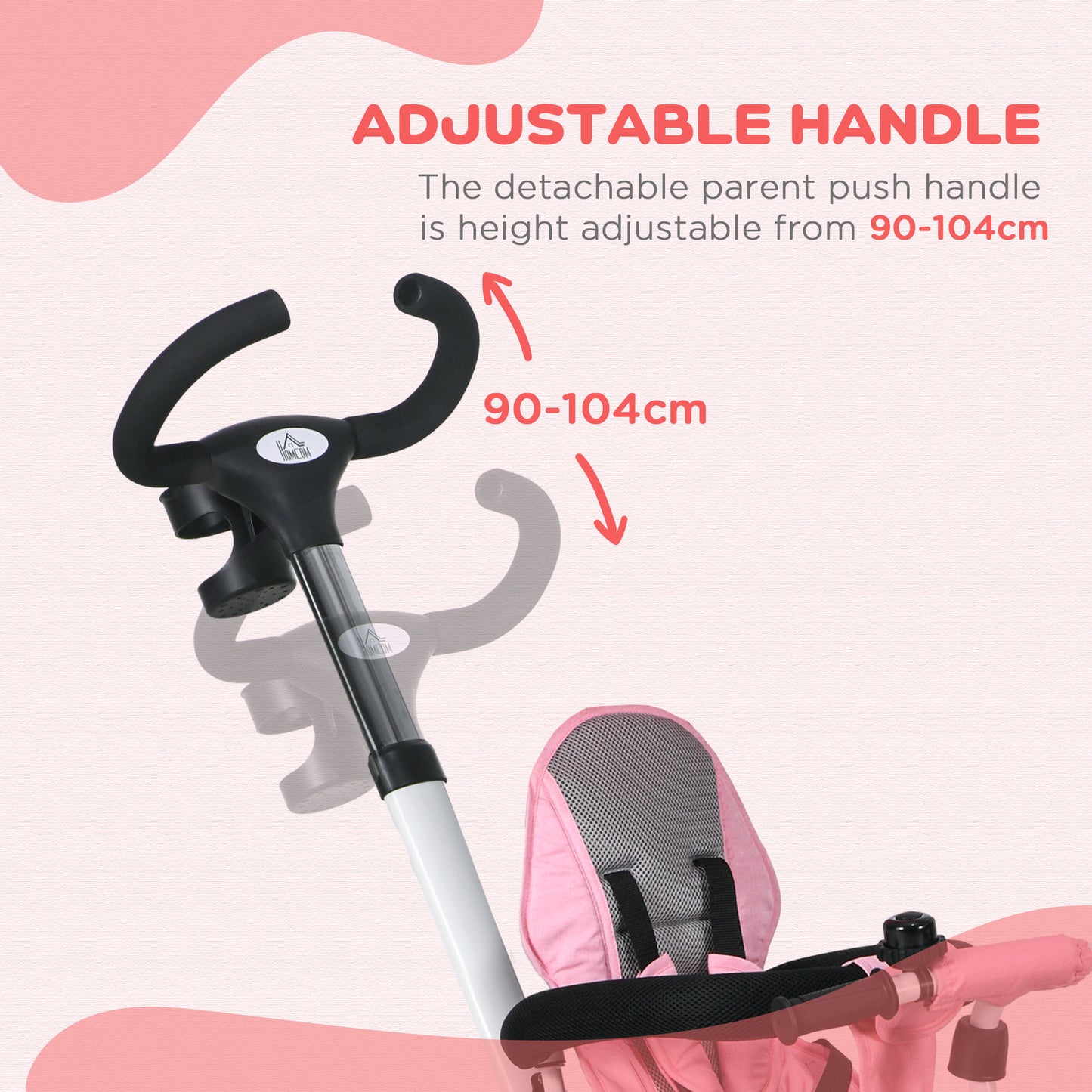 HOMCOM Metal Frame 4 in 1 Baby Push Tricycle with Parent Handle for 1-5 Years Old Pink