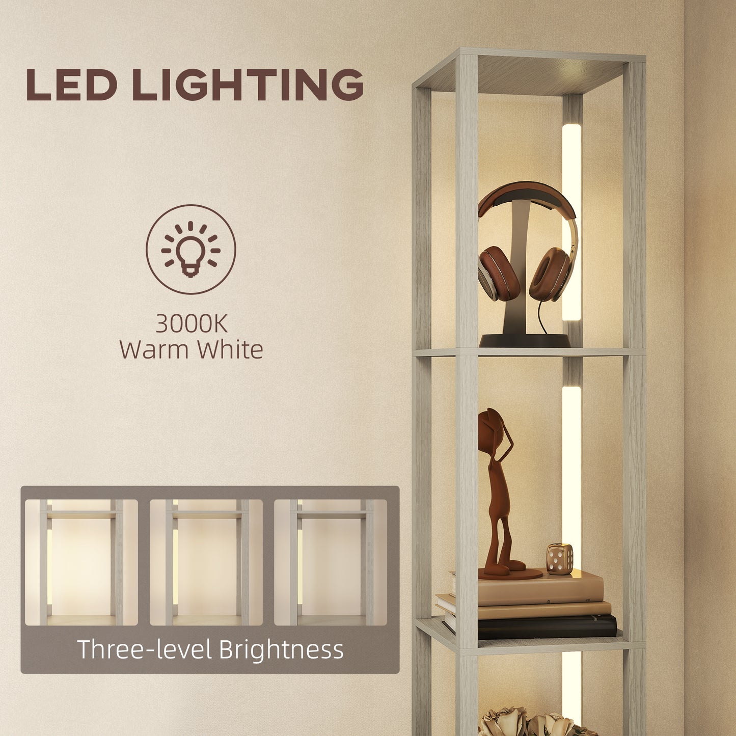 HOMCOM Floor Lamp with Shelves, LED Column Modern Standing Lamp, Adjustable Brightness, Foot Switch, Fabric Drawer, Oak