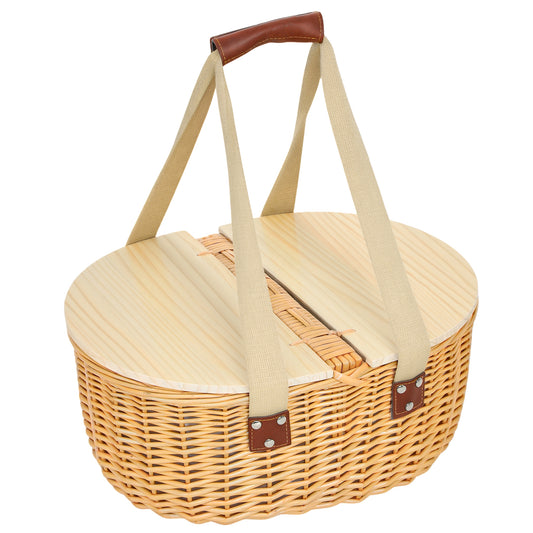 Outsunny Wicker Picnic Basket for 2 with Pine Wood Lid, Cooler Compartment, Cutlery Kits, Carry Handle for Camping, Outdoor, Light Brown