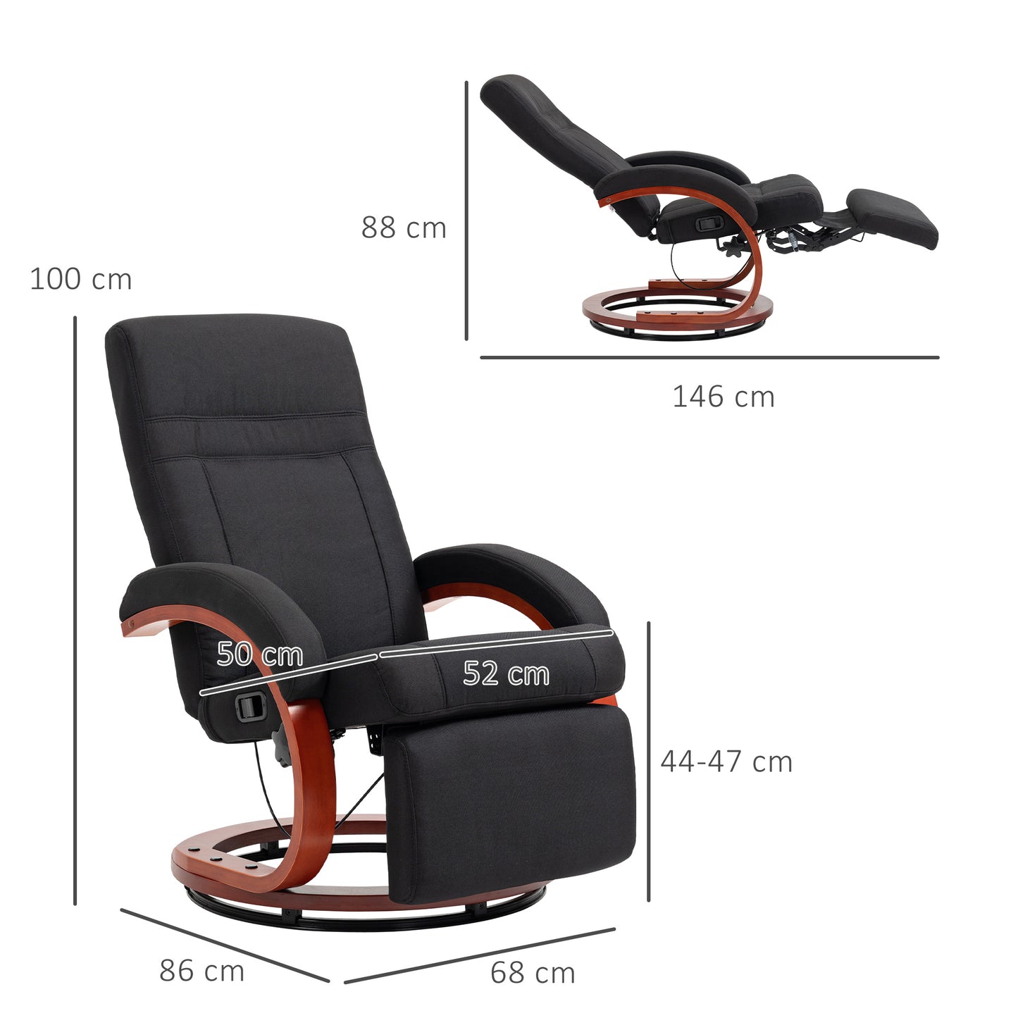 HOMCOM 135° Manual Reclining Swivel Chair, with Footrest - Black
