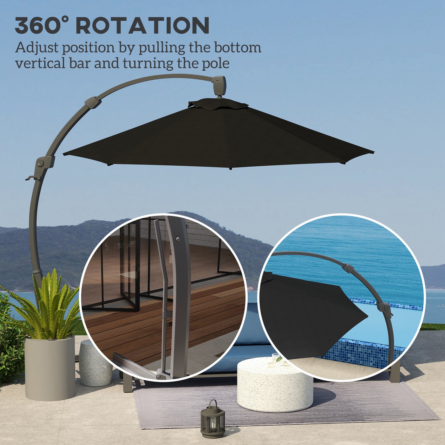 Outsunny 3m Garden Cantilever Parasol, Round Umbrella with Crank, Cross Base, Aluminum Frame, 360° Rotation, Patio Sun Shade, Black