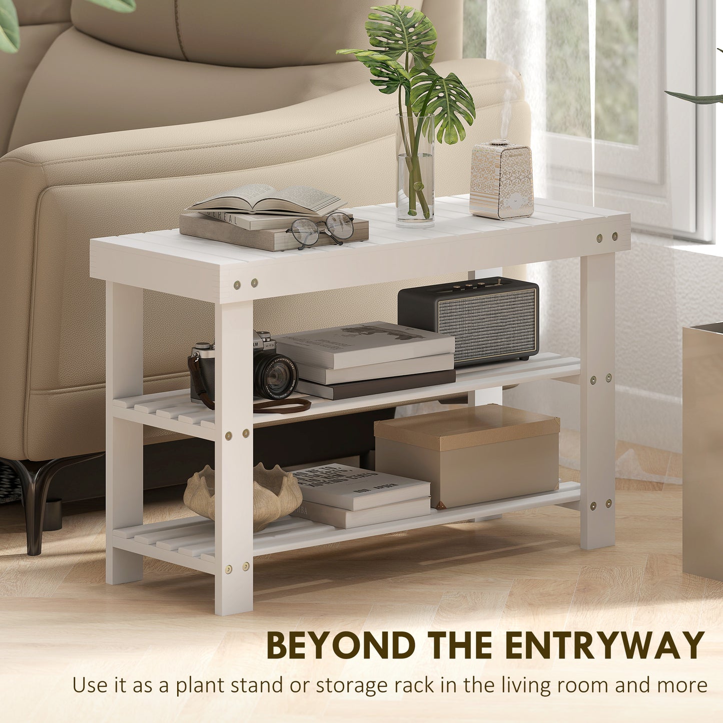 HOMCOM 3-Tier Bamboo Shoe Storage Bench - White