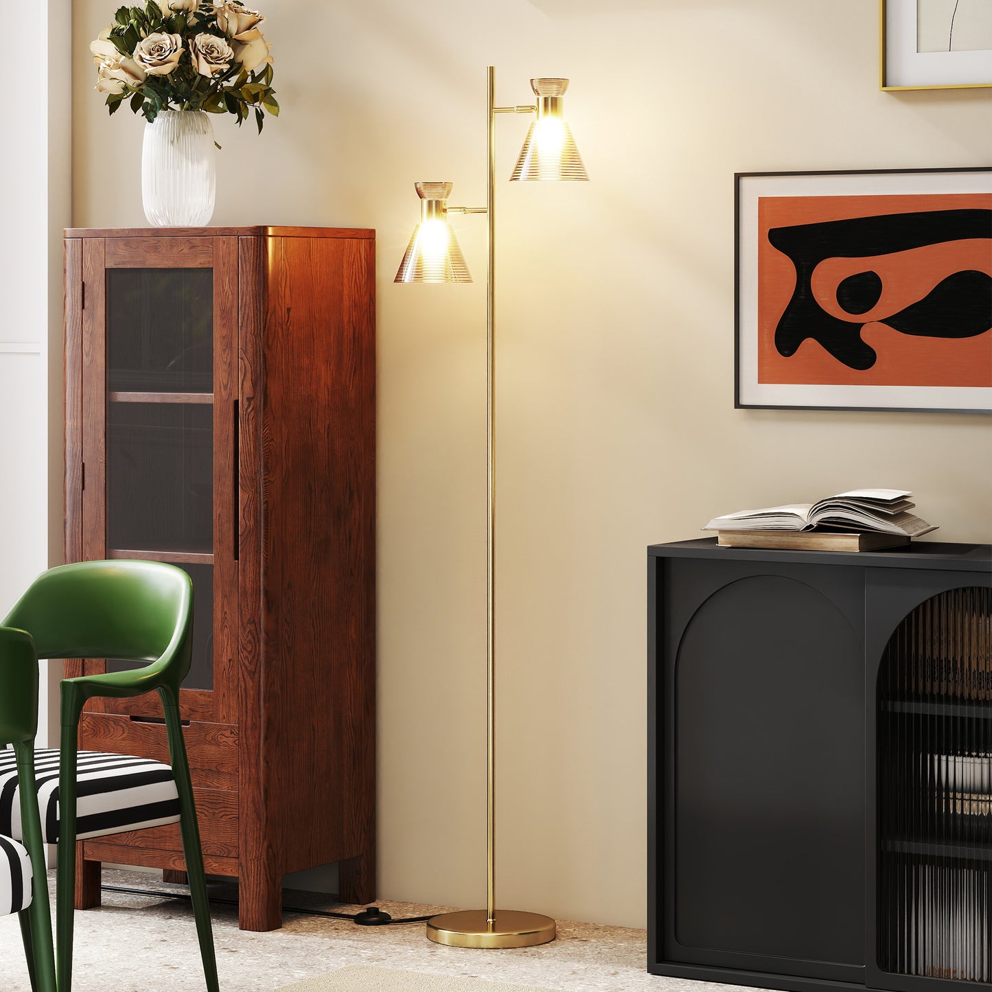 HOMCOM Floor Lamp, Adjustable Dual Head, Modern with Floral Glass Shades and Foot Switch, E27 Socket, Bulb Not Included, Gold Tone