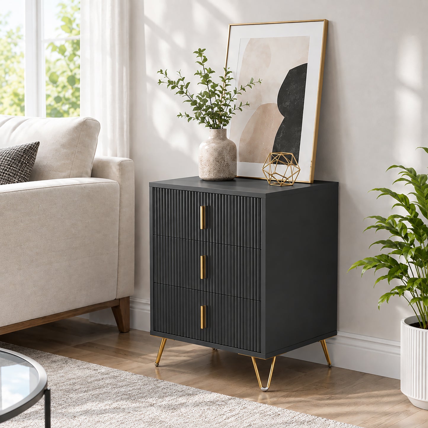 HOMCOM Modern 3-Drawer Dresser, Fluted Bedroom Dresser Chest of Drawers with Metal Legs and Steel Handles for Bedroom, Black