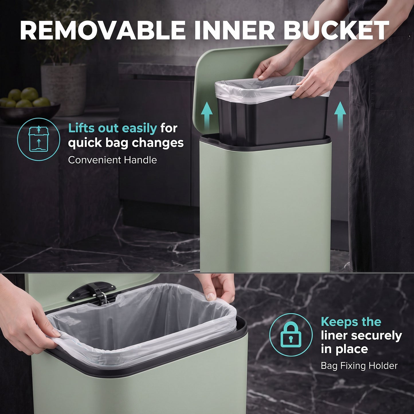 HOMCOM 50 L Kitchen Pedal Bin, Metal Rubbish Bin with Removable Inner Bucket, Soft-Close & Stay-Open Lid, Light Green
