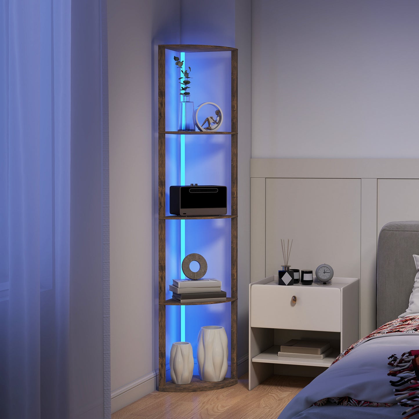 HOMCOM RGB LED Floor Lamp with Shelves, 5-Tier Dimmable, Remote Control, Corner Display for Living Room/Bedroom/Office, Rustic Brown