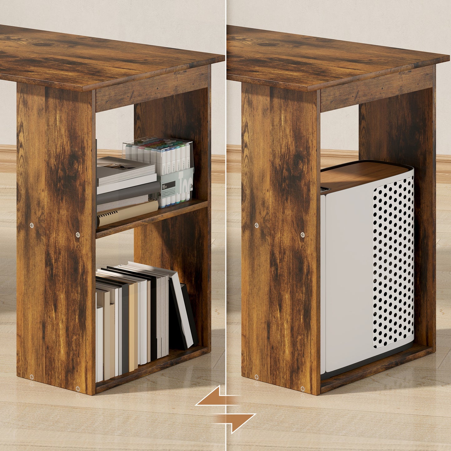 HOMCOM Computer Desk, Wooden Table with 6-Tier Storage Shelves, Home Office Study Desk, Writing Workstation, Rustic Brown Wood-Effect