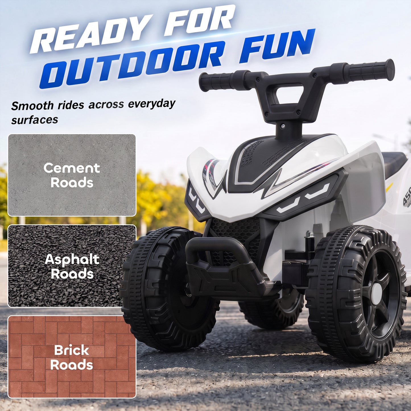AIYAPLAY 6V Battery Powered Kids ATV, Quad Bike w/ Handlebar Button Control, Max 1.2MPH, Max 55lbs Load, for 18-48 Months, White