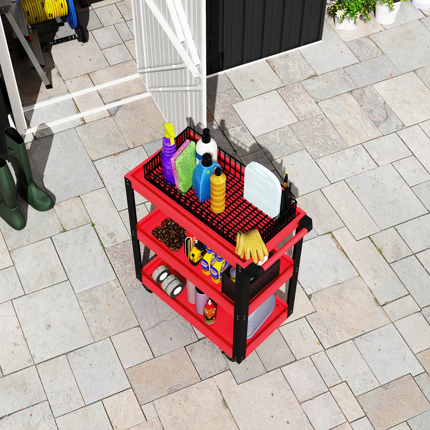HOMCOM Tool Utility Cart Heavy Duty Tool Trolley Rolling with Brake Swivel Castors 3 Shelves Black Red
