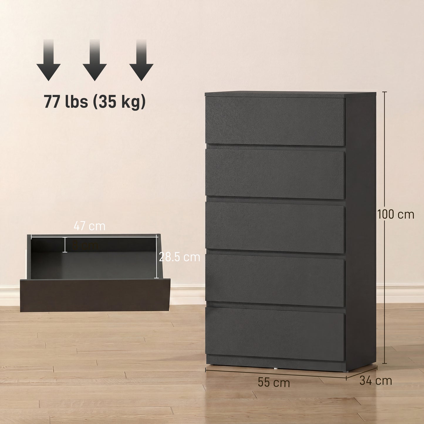 HOMCOM Chest of Drawers, 5-Drawer, Modern Dresser, Storage Drawer Unit for Bedroom