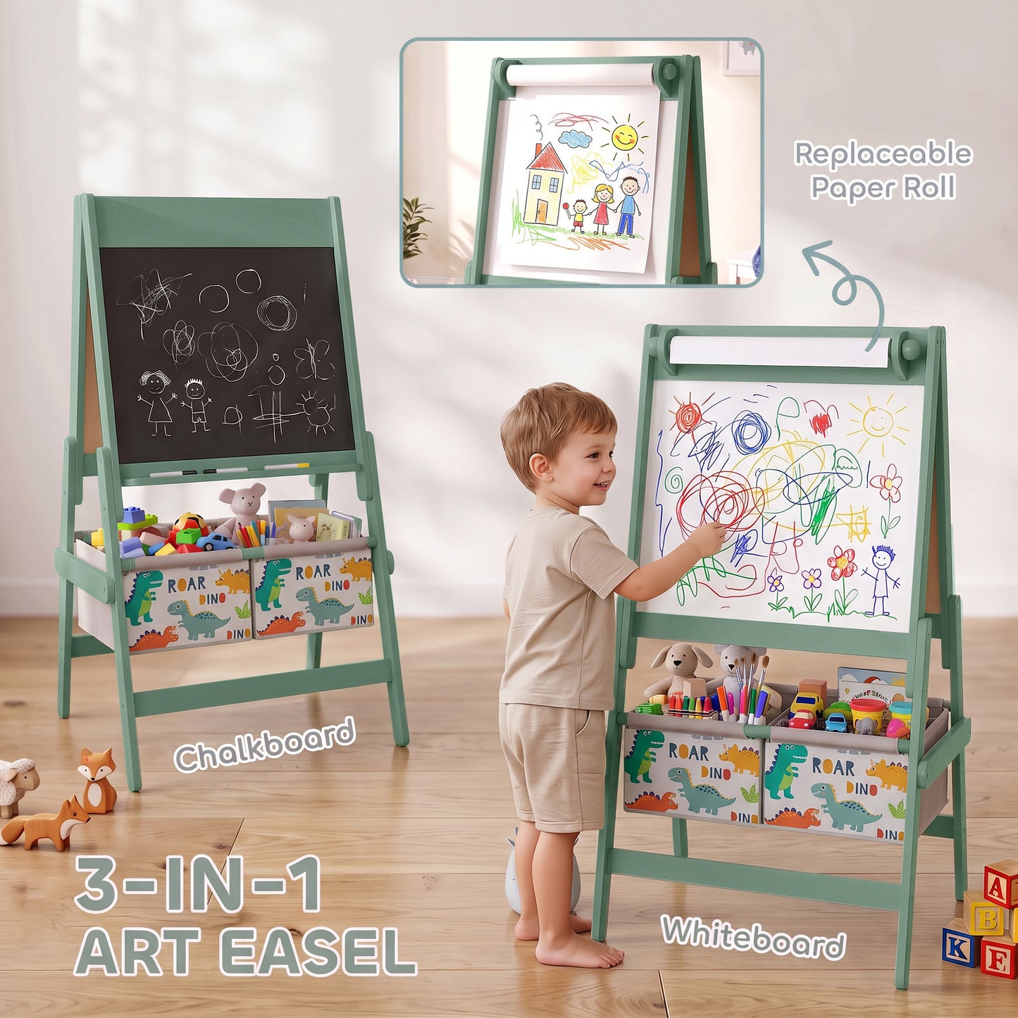 AIYAPLAY Art Easel for Kids, 3-in-1 Kids Easel with Chalkboard, Whiteboard, Paper Roll, Storage, Under-Board Shelf for 3-8, Green