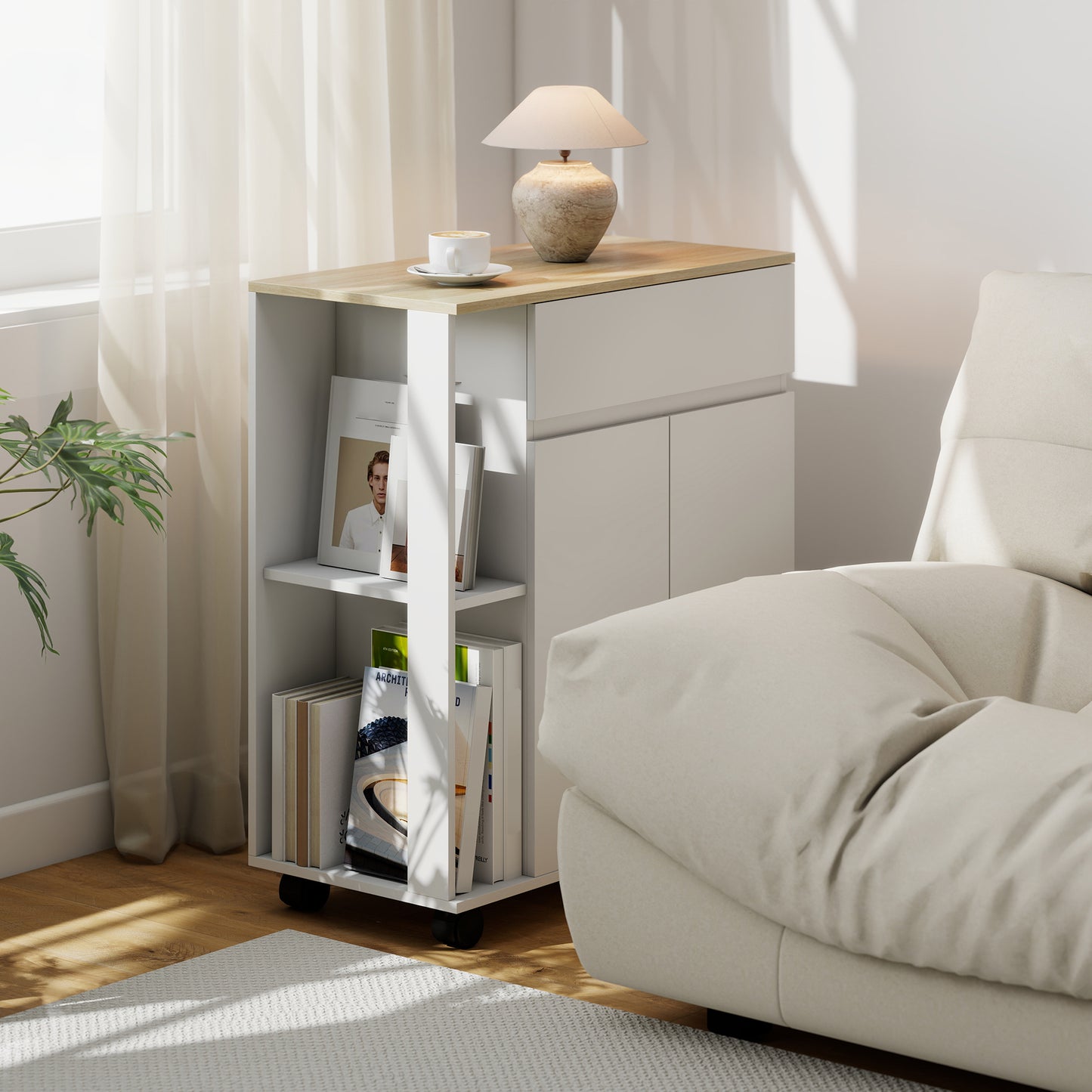 HOMCOM Kitchen Storage Trolley Cart with Cabinet, Drawer and Open Shelves, White