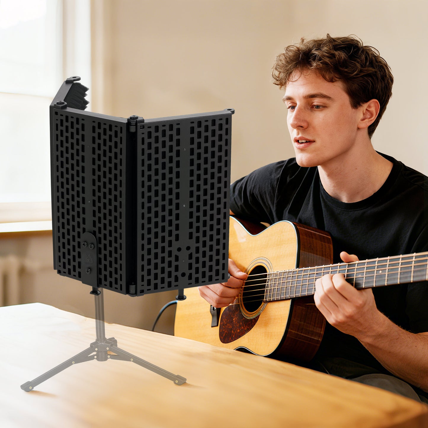 HOMCOM Studio Microphone Isolation Shield, 3-Panel Foldable High Density Foam with 3/8" Threaded Mount, Adjustable Recording Equipment, Black