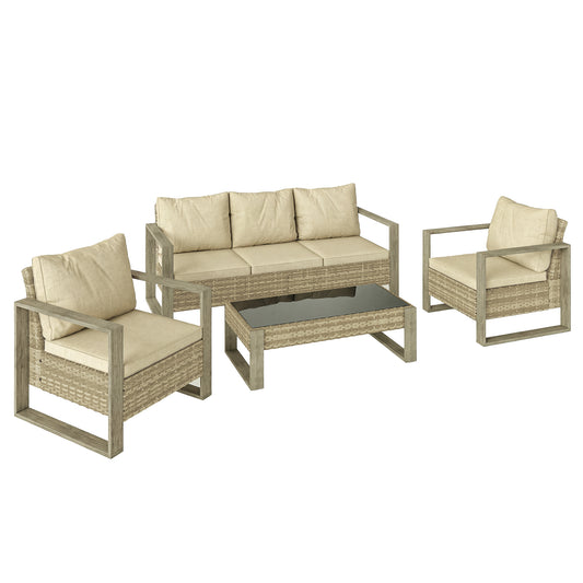 Outsunny 4 Piece Rattan Garden Furniture Set with 3-Seater Sofa, Armchairs, Table, Aluminium Frame Patio Conversation Set, Khaki