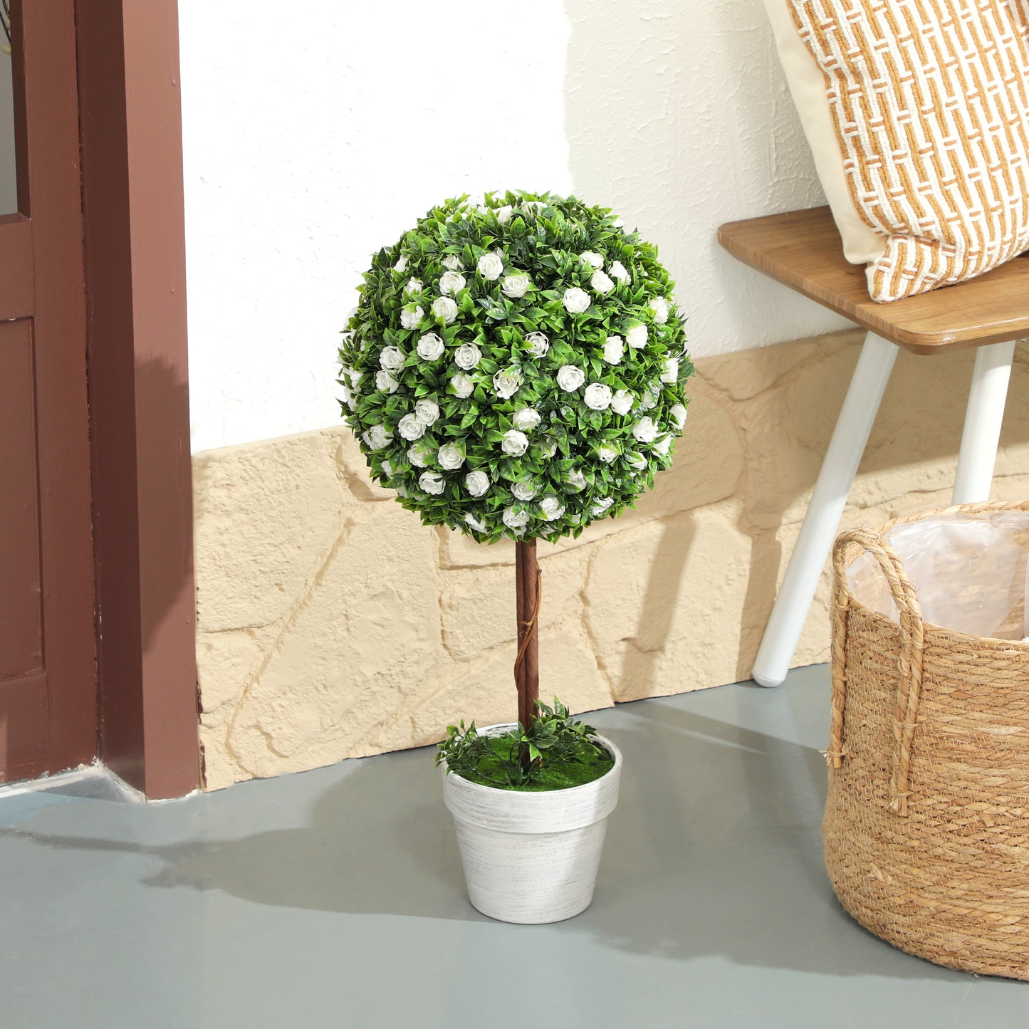 HOMCOM Set of 2 Decorative Artificial Plants, Ball Topiary Tree with Rose Flower in Pot, White