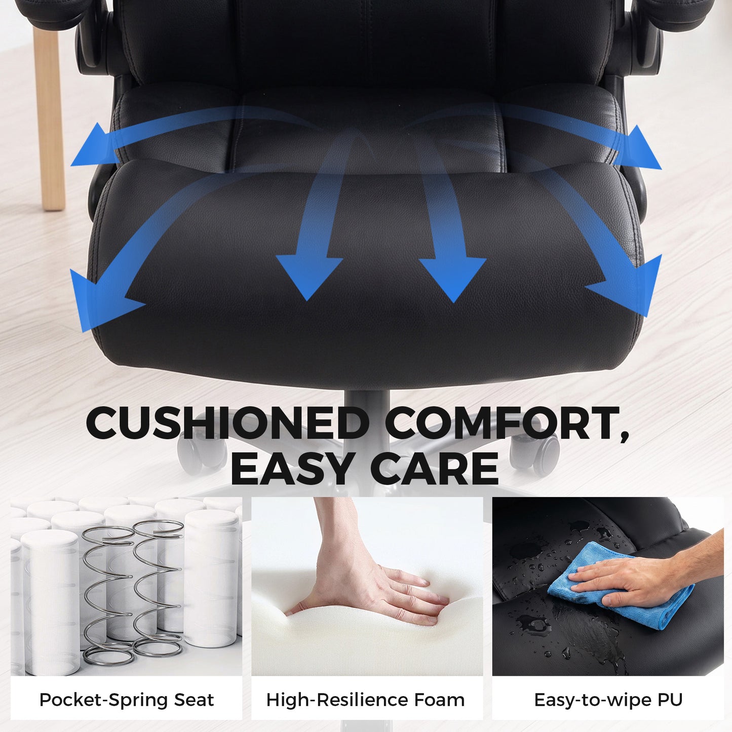 HOMCOM Office Chair, 180kg Heavy Duty PU Leather Computer Desk Chair with Flip-Up Armrests, Wide Seat, Spring Cushion, Black