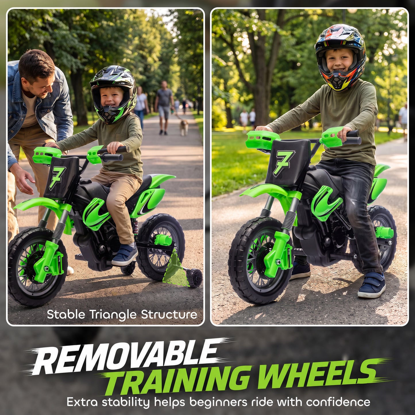 AIYAPLAY 12V Kids Electric Motorbike, Ride on Motorcycle with Dual Motors, Training Wheels, Rear Suspension for 3-6 Years, Green