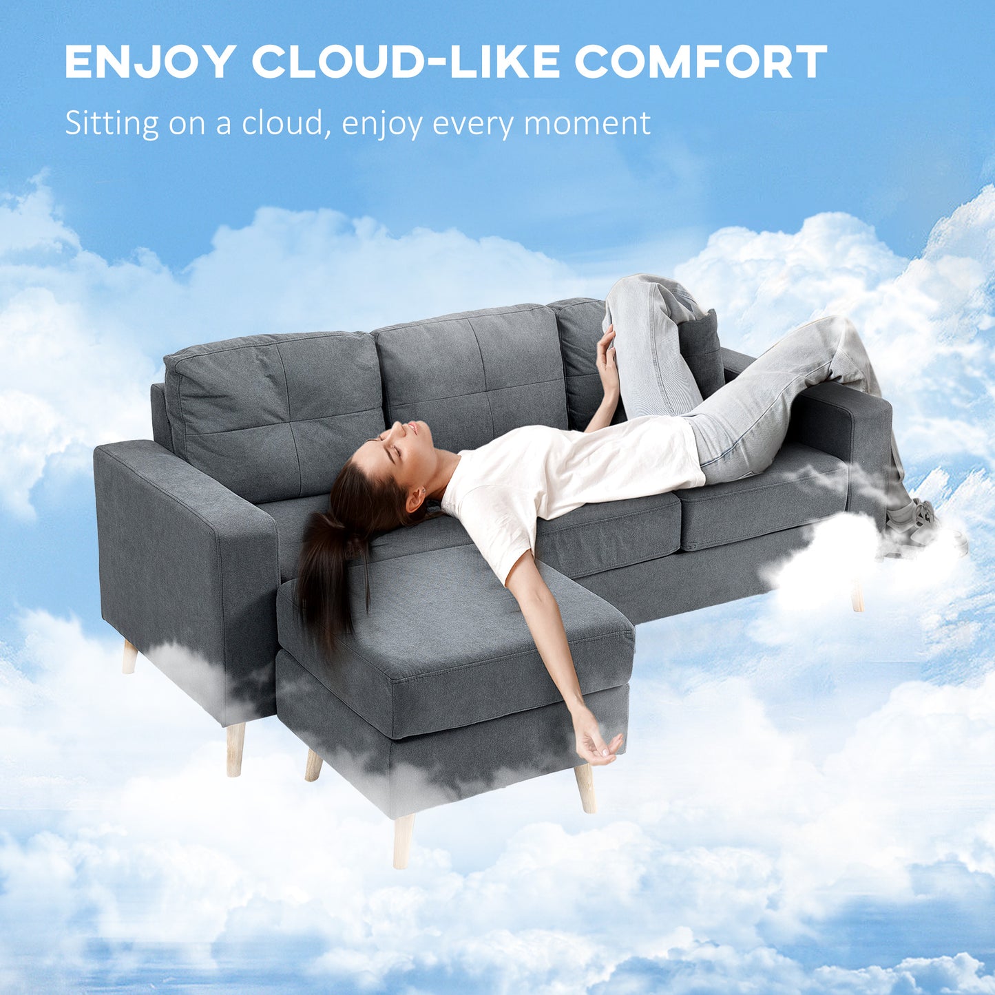 HOMCOM 3 Seater Fabric L-Shaped Sofa with Footstool, Sectional Couch, Wood Legs, Tufted Back for Small Spaces, Living Room/Office, Dark Grey