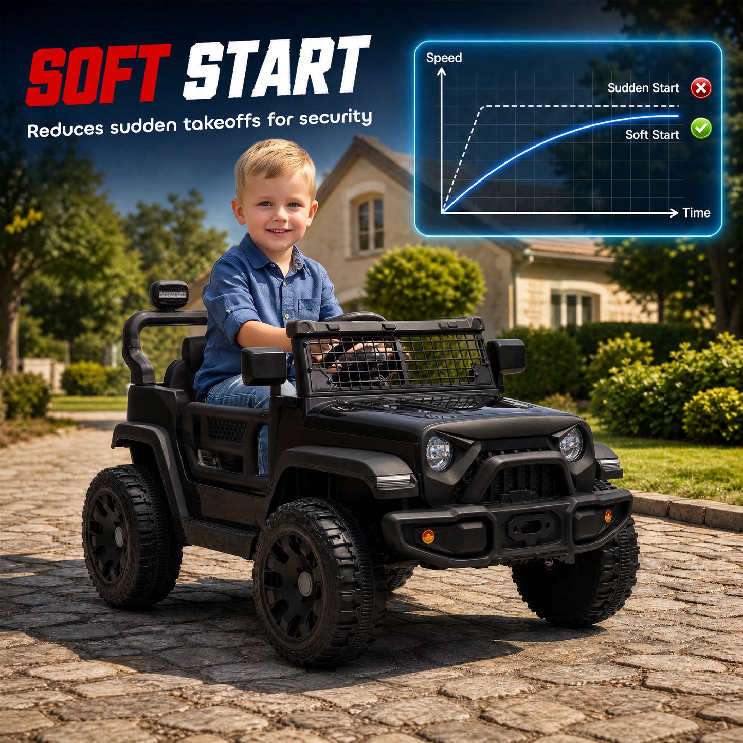 AIYAPLAY 12V Electric Car for Kids with Remote, Dual Motors, Rear Suspension, Soft Start, Music, Lights for 3-8 Years, Black