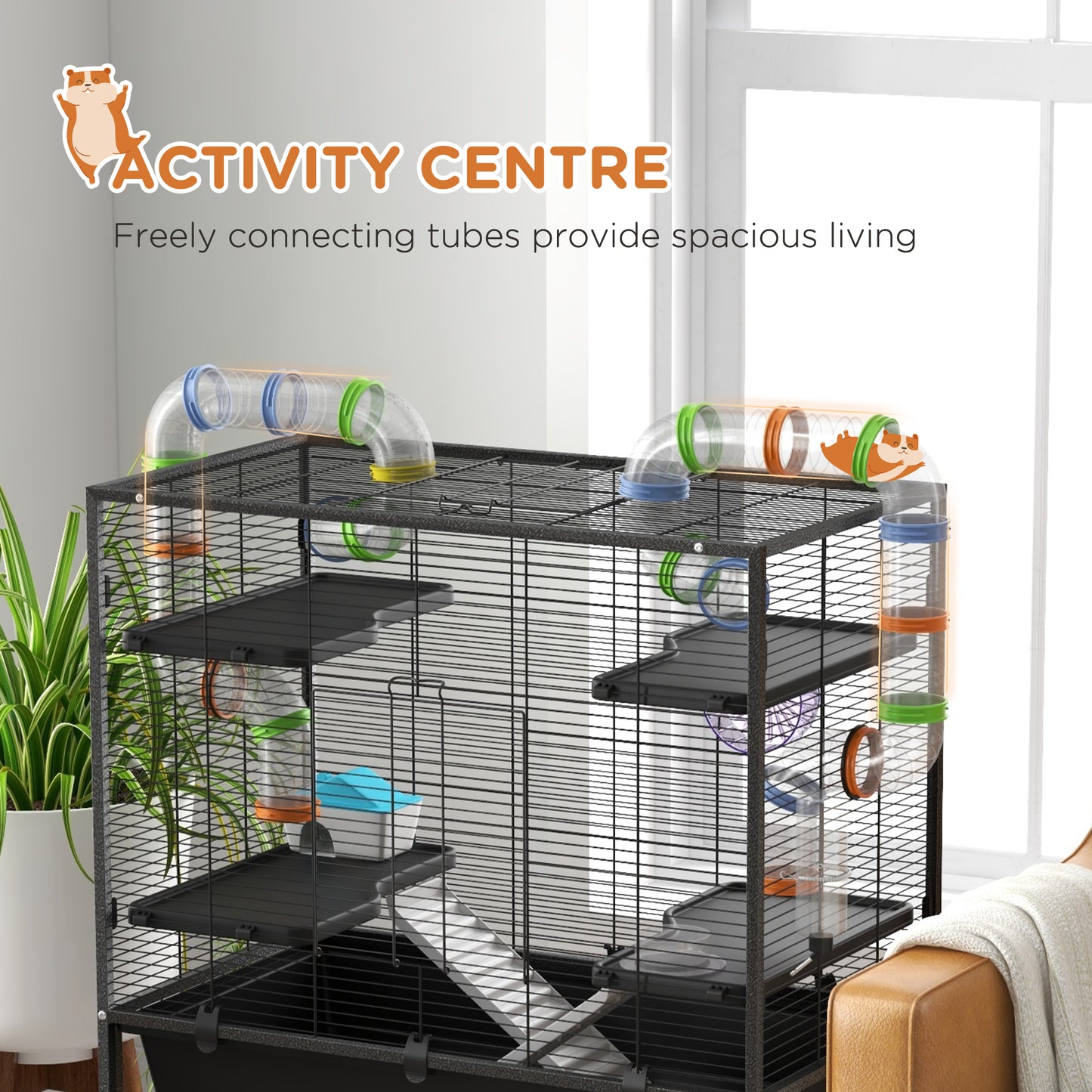 PawHut Large Hamster Cage Gerbil Cage with Tubes Storage Shelf Ramps Platforms Running Wheel - Black