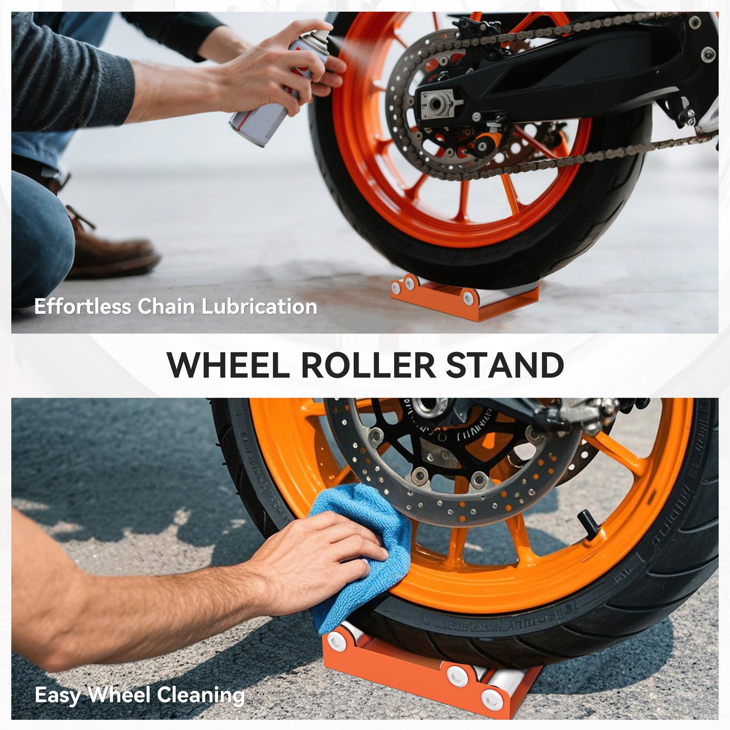 HOMCOM Motorcycle Wheel Cleaning Stand with Steel Frame, Aluminium Rollers, for Tyre Cleaning & Chain Lubrication, Fits < 180mm Tyres, Orange