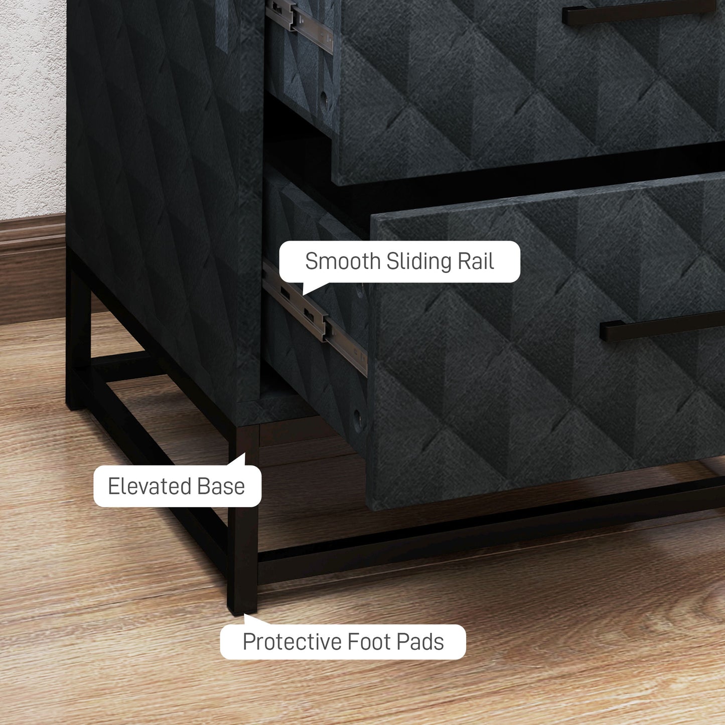 HOMCOM Bedside Tables Set of 2, Modern Nightstand with 2 Drawers, Steel Legs, for Bedroom/Living Room, Black