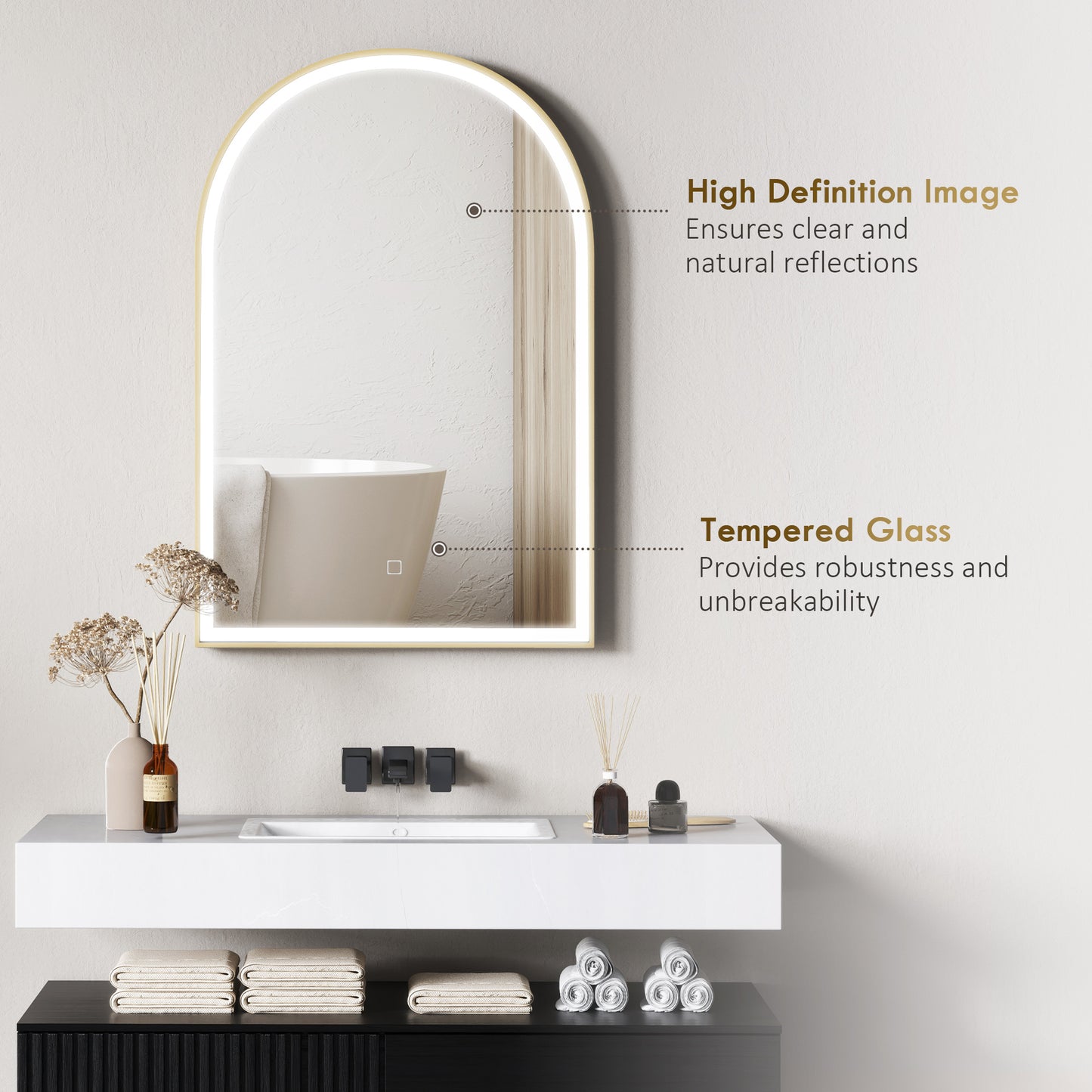 HOMCOM 90 x 60 cm Bathroom Mirror with LED Lights, Anti-Fog Arched Vanity Mirror with 3 Colour Dimmable, Gold Tone