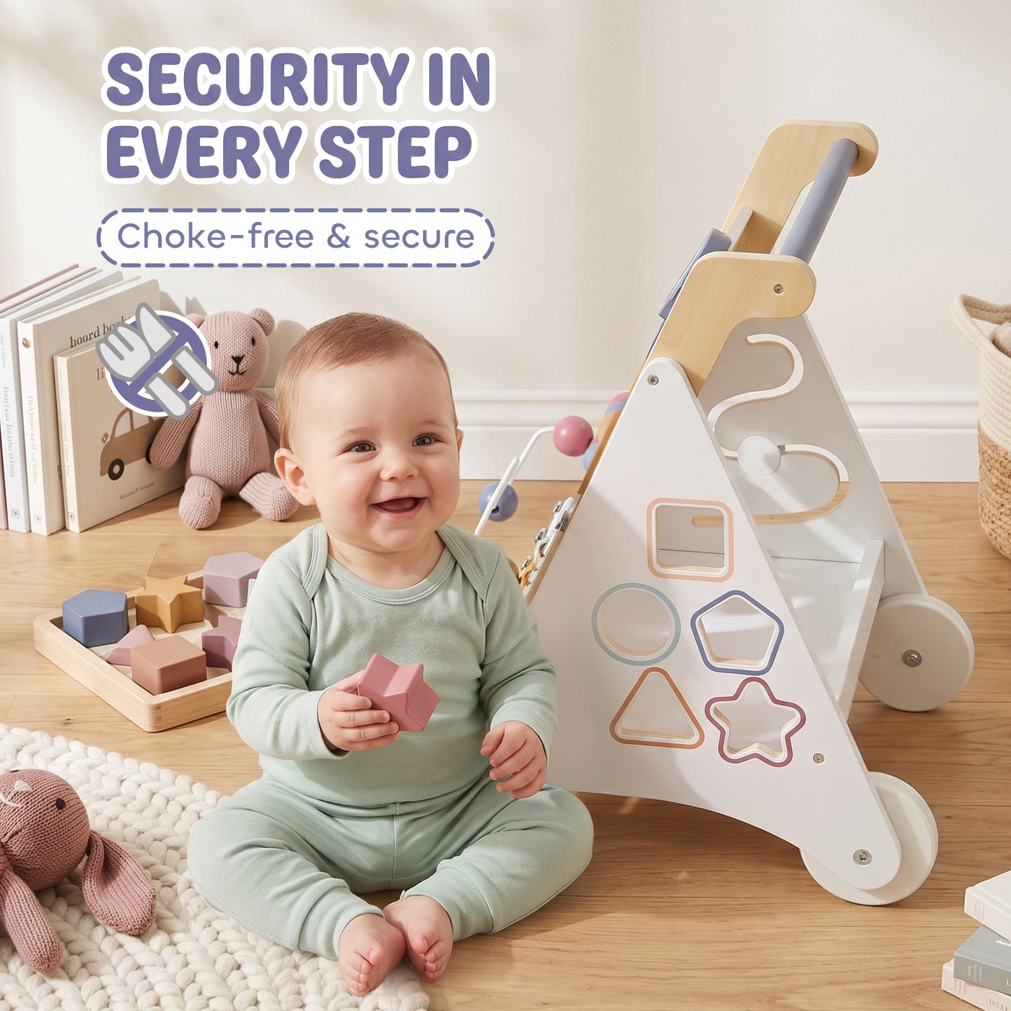 AIYAPLAY Wooden Baby Walker, Montessori Push Along Toy with 5 Blocks and Xylophone Mallet, Adjustable Speed for Toddlers 1.5-3Y
