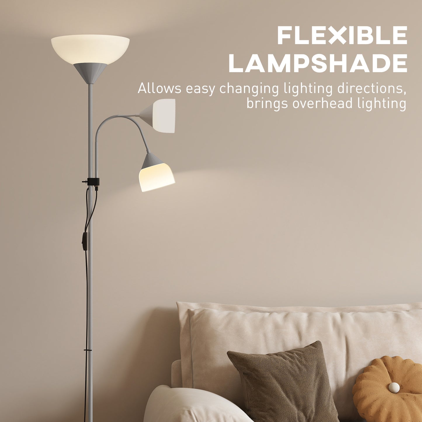 HOMCOM LED Floor Lamp, 180cm Tall with Adjustable Gooseneck, 3000K/4500K/6500K Colour Temps, Mother & Child Uplighter, Silver Tone