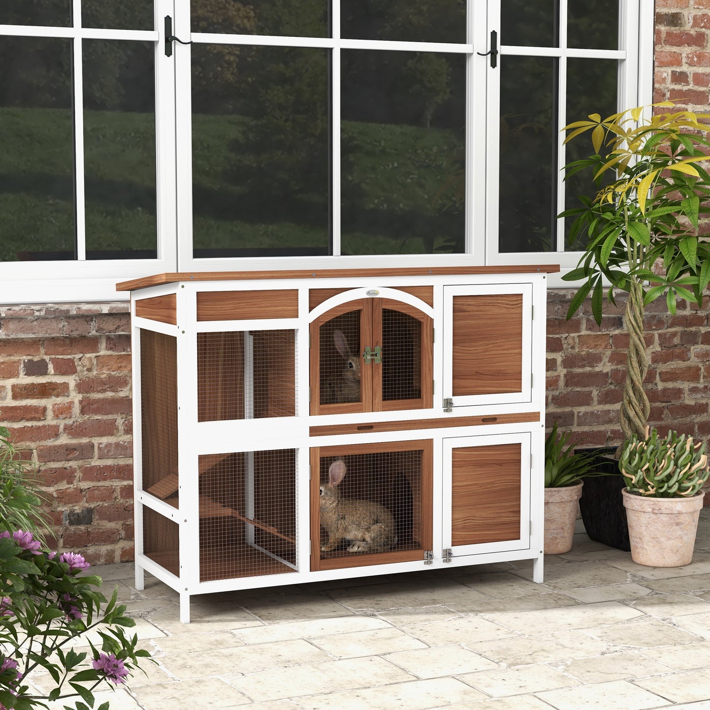 PawHut Two-Tier Wooden Pet Hutch with Openable Roof Slide-Out Tray