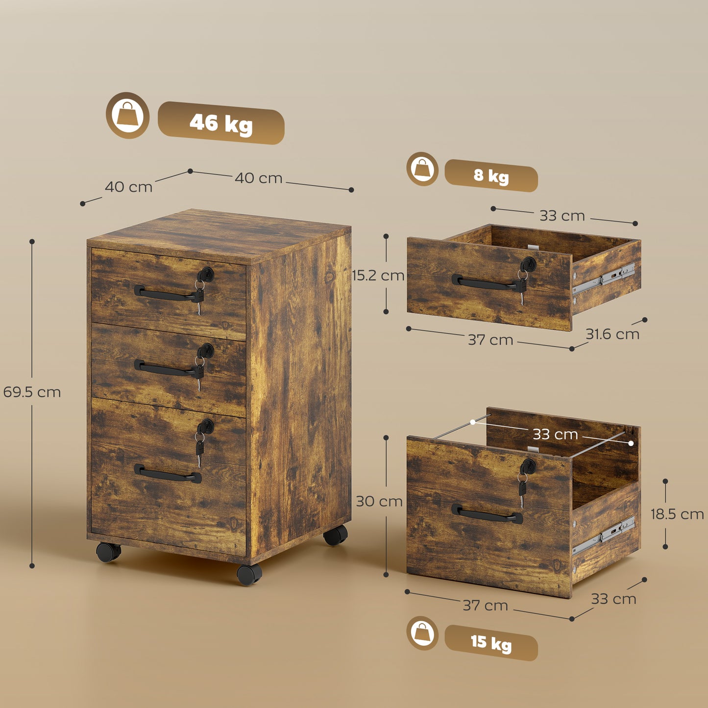 HOMCOM Three Drawer Wood-Effect Filing Cabinet - Rustic Brown