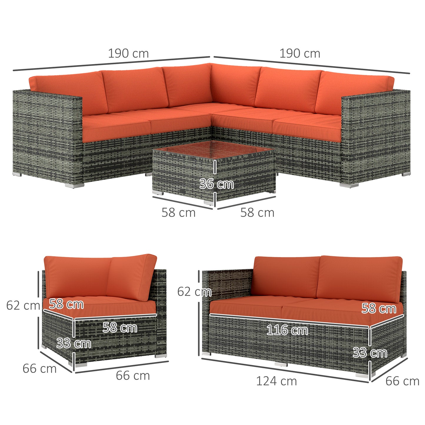 Outsunny Rattan Garden Furniture Set, Sofa & Coffee Table, Orange