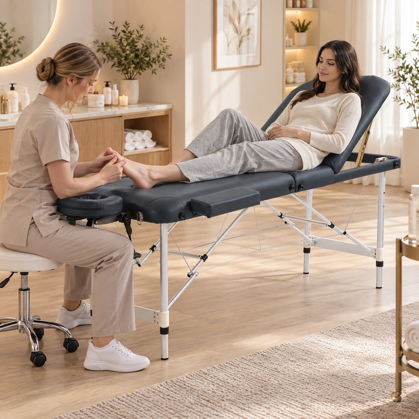 HOMCOM Foldable Massage Bed Portable Table, 3-Section Aluminium Foldable Beauty Couch with Headrest Support, 60 cm Width Black
